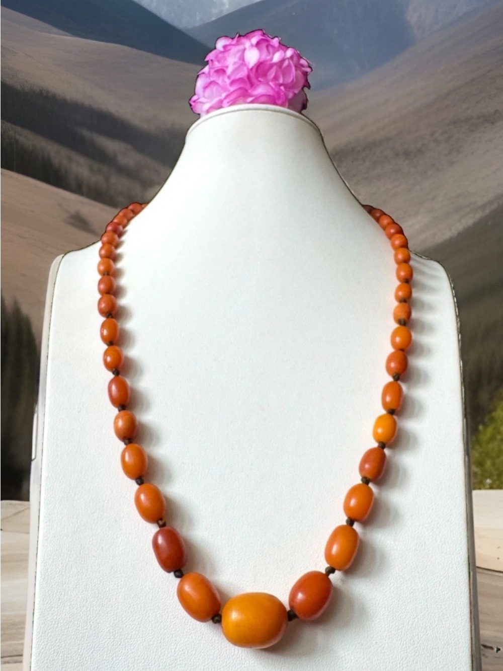 Vintage Graduated & Knotted Butterscotch Baltic Amber Necklace gold clasp 22gram